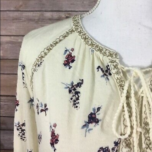 Lucky Brand Ditsy Lace Up Tassel Peasant Boho blouse - Picture 4 of 8